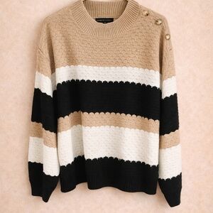 Adrienne Vittadini Tan, Black, and White Striped Sweater